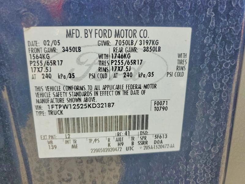 68838846 :رقم المزاد ، 1FTPW12525KD32187 vin ، 2005 Ford F150 مزاد بيع