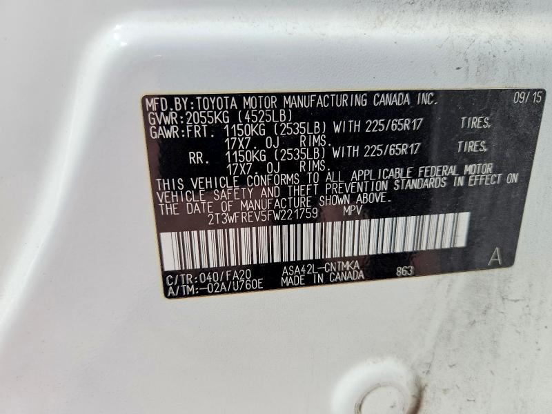 Aukcja sprzedaży 2015 Toyota Rav4, vin: 2T3WFREV5FW221759, numer aukcji: 68638996