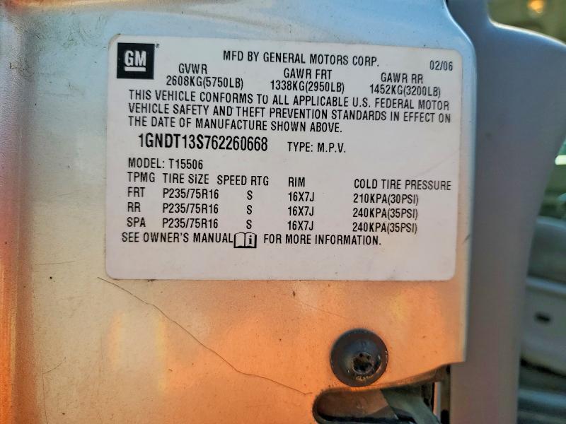 Auction sale of the 2006 Chevrolet Trailblazer, vin: 1GNDT13S762260668, lot number: 67968486