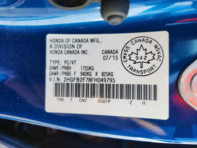Продаж на аукціоні авто 2015 Honda Civic, vin: 2HGFB2F78FH049795, номер лоту: 68817466