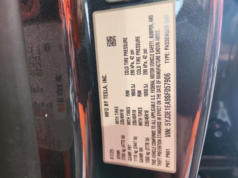 2025 Tesla Model 3 მანქანა იყიდება აუქციონზე, vin: 5YJ3E1EA9SF057906, აუქციონის ნომერი: 67823826