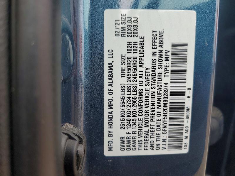 Продаж на аукціоні авто 2021 Honda Pilot, vin: 5FNYF5H20MB028974        , номер лоту: 67430346
