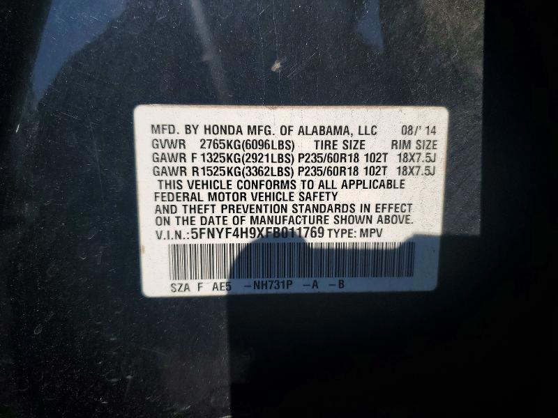2015 Honda Pilot მანქანა იყიდება აუქციონზე, vin: 5FNYF4H9XFB011769, აუქციონის ნომერი: 68981966