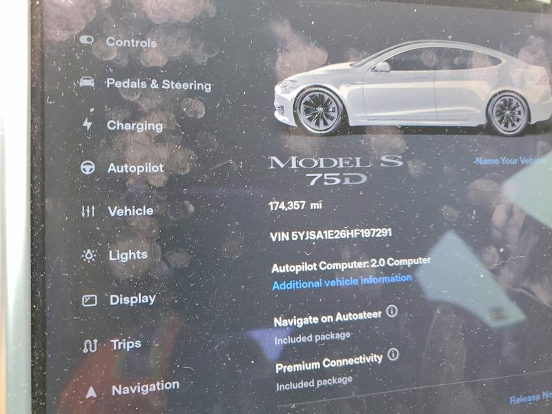 2017 Tesla Model S მანქანა იყიდება აუქციონზე, vin: 5YJSA1E26HF197291, აუქციონის ნომერი: 70227566