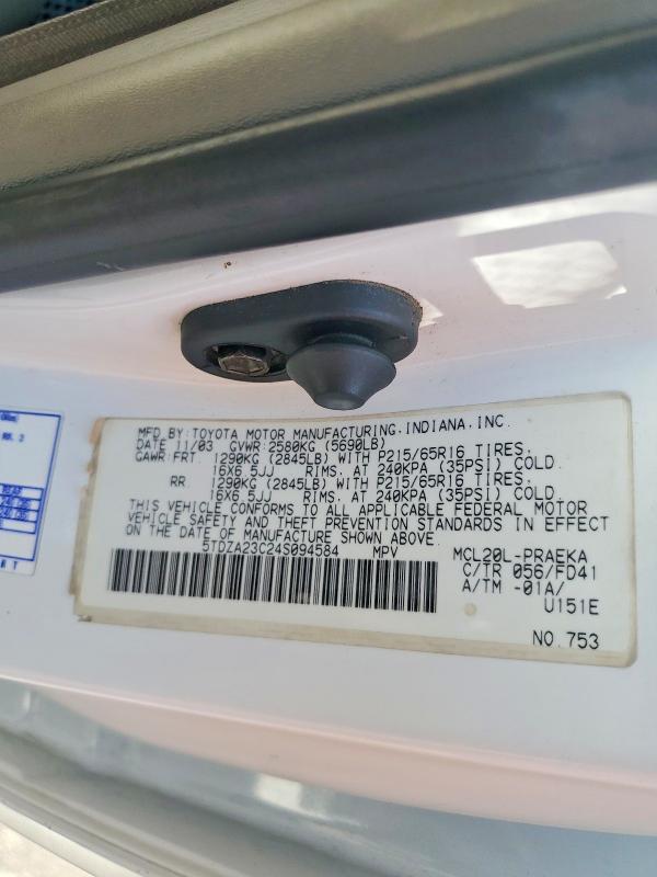 Продаж на аукціоні авто 2004 Toyota Sienna, vin: 5TDZA23C24S094584, номер лоту: 68867716
