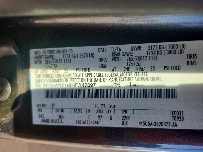 2017 Ford F150 მანქანა იყიდება აუქციონზე, vin: 1FTEW1EG8HFA47897, აუქციონის ნომერი: 69058536