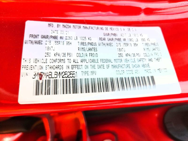 67902466 :رقم المزاد ، 3MVDMABL6MM252551 vin ، 2021 Mazda Cx-30 مزاد بيع