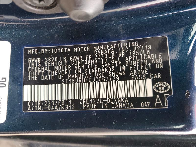 2018 Toyota Corolla მანქანა იყიდება აუქციონზე, vin: 2T1BURHE0JC063429, აუქციონის ნომერი: 69517166