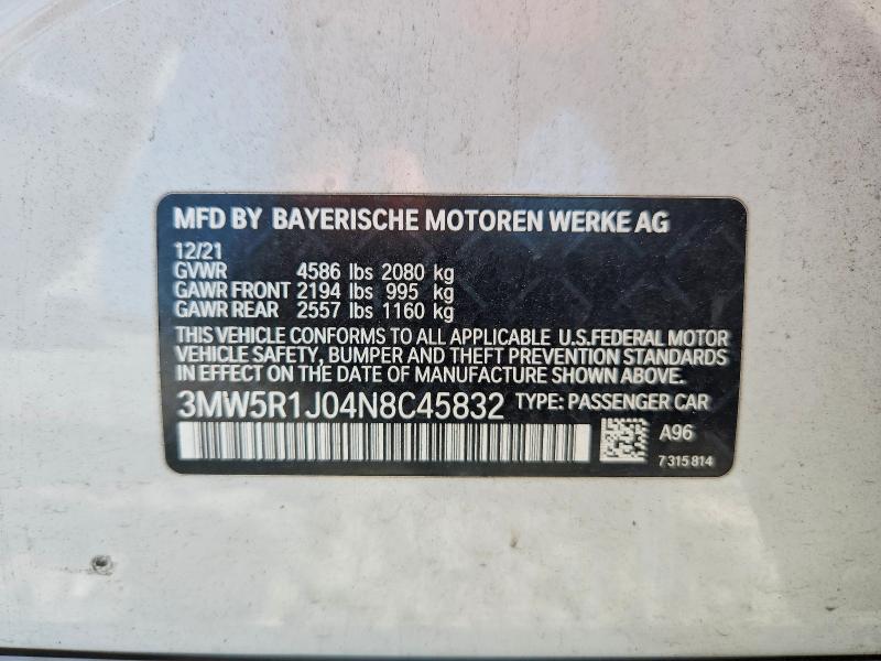 2022 Bmw 330i მანქანა იყიდება აუქციონზე, vin: 3MW5R1J04N8C45832, აუქციონის ნომერი: 67863236