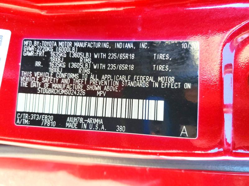 Продажа на аукционе авто 2021 Toyota Highlander, vin: 5TDGBRCH3MS024326, номер лота: 68674946