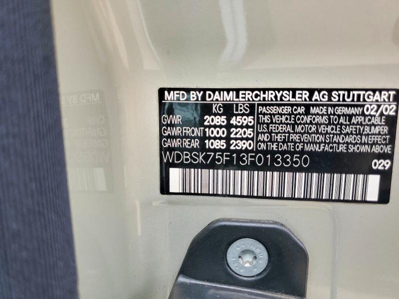 Aukcja sprzedaży 2003 Mercedes-benz Sl, vin: WDBSK75F13F013350, numer aukcji: 68776186