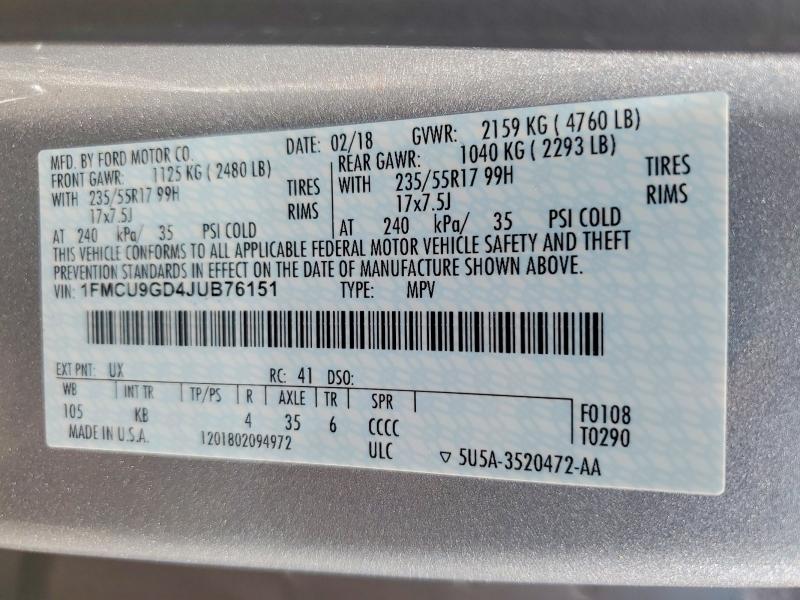 2018 Ford Escape მანქანა იყიდება აუქციონზე, vin: 1FMCU9GD4JUB76151, აუქციონის ნომერი: 69242436