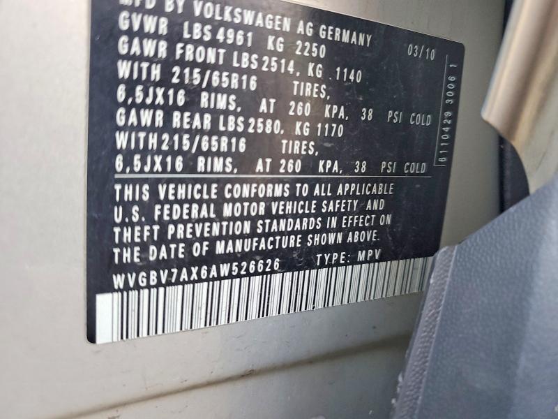 2010 Volkswagen Tiguan მანქანა იყიდება აუქციონზე, vin: WVGBV7AX6AW526626, აუქციონის ნომერი: 68823736