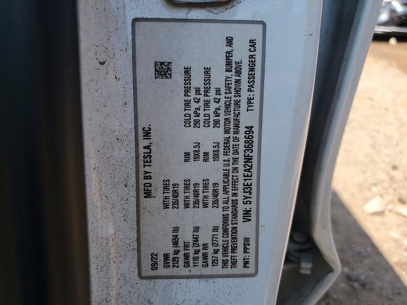Продаж на аукціоні авто 2022 Tesla Model 3, vin: 5YJ3E1EA2NF368694, номер лоту: 67170936