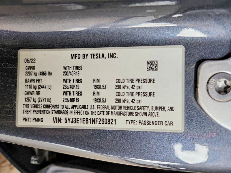 2022 Tesla Model 3 მანქანა იყიდება აუქციონზე, vin: 5YJ3E1EB1NF260821, აუქციონის ნომერი: 70001276