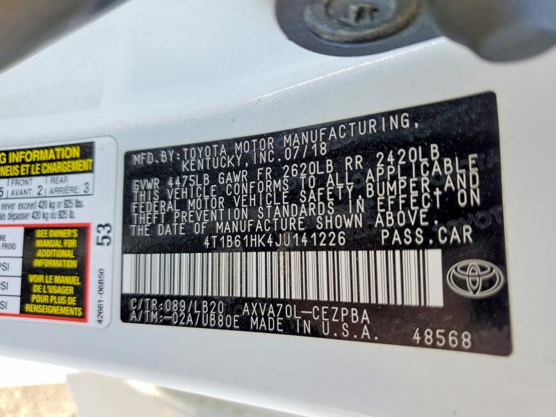 Auction sale of the 2018 Toyota Camry, vin: 4T1B61HK4JU141226, lot number: 67839916