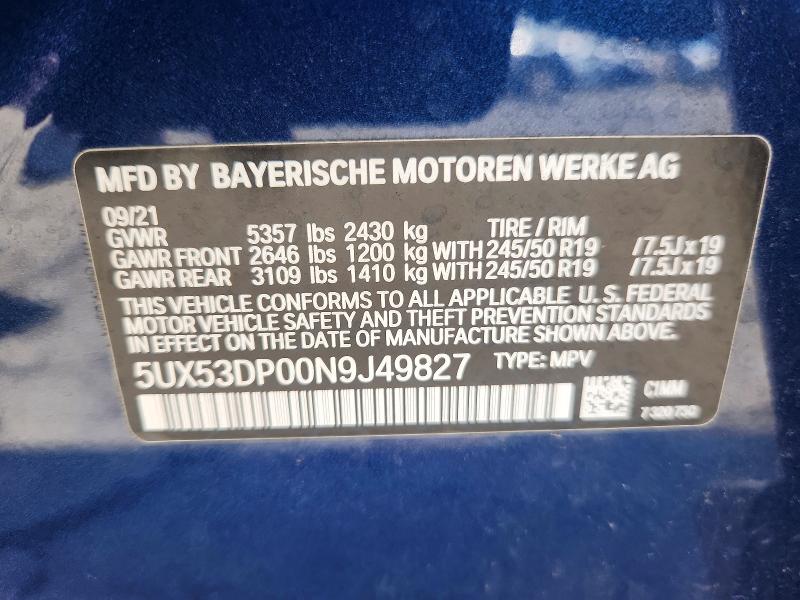 2022 Bmw X3 მანქანა იყიდება აუქციონზე, vin: 5UX53DP00N9J49827, აუქციონის ნომერი: 67070186