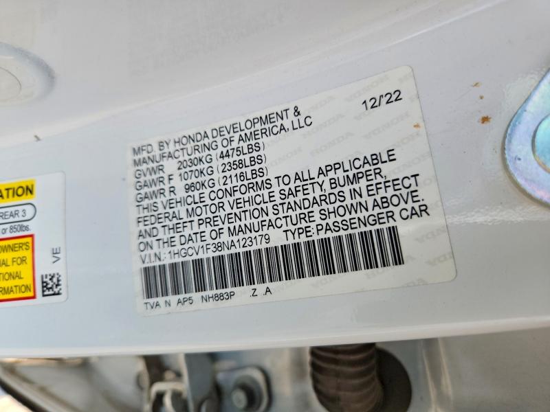 Aukcja sprzedaży 2022 Honda Accord, vin: 1HGCV1F38NA123179, numer aukcji: 66809256