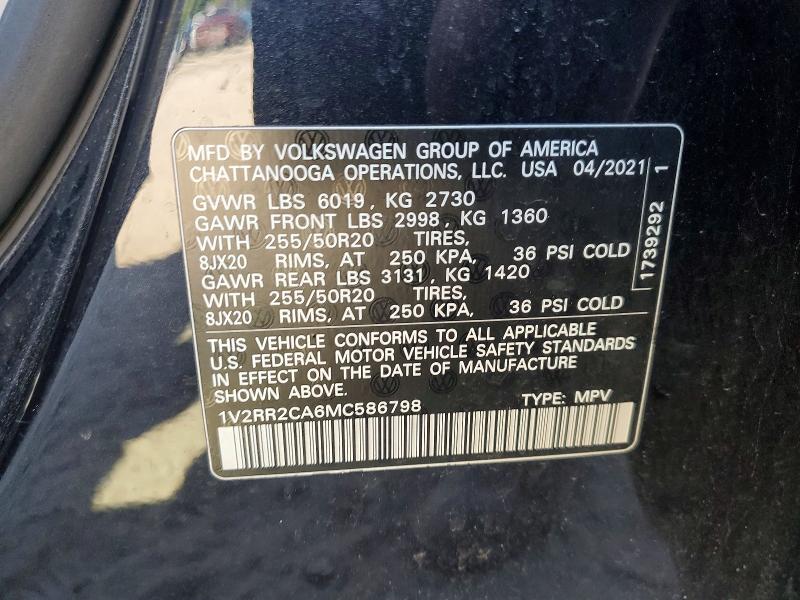 68090076 :رقم المزاد ، 1V2RR2CA6MC586798 vin ، 2021 Volkswagen Atlas مزاد بيع