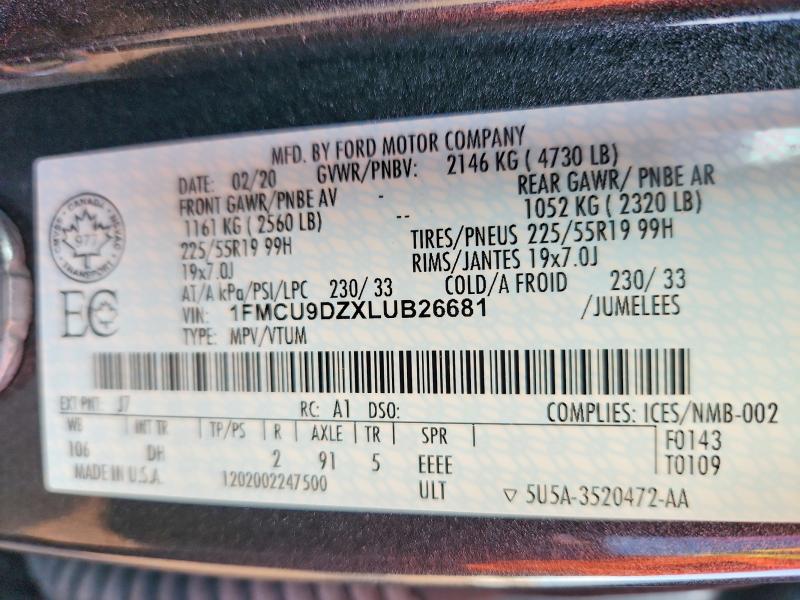 68402606 :رقم المزاد ، 1FMCU9DZXLUB26681 vin ، 2020 Ford Escape مزاد بيع