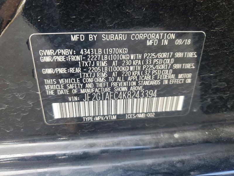 2019 Subaru Crosstrek მანქანა იყიდება აუქციონზე, vin: JF2GTAEC4K8243394, აუქციონის ნომერი: 70723846