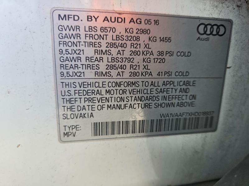 69914356 :رقم المزاد ، WA1VAAF7XHD018937 vin ، 2017 Audi Q7 مزاد بيع