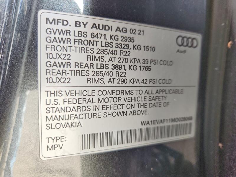 Aukcja sprzedaży 2021 Audi Q8, vin: WA1EVAF11MD028069, numer aukcji: 70144086