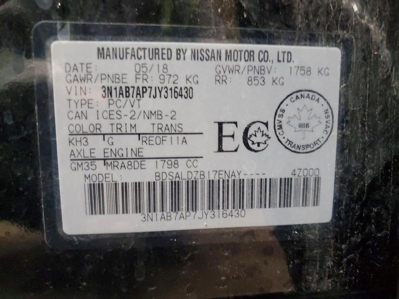 68016796 :رقم المزاد ، 3N1AB7AP7JY316430 vin ، 2018 Nissan Sentra مزاد بيع