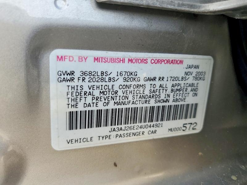 Aukcja sprzedaży 2004 Mitsubishi Lancer, vin: JA3AJ26E24U044921, numer aukcji: 68843686