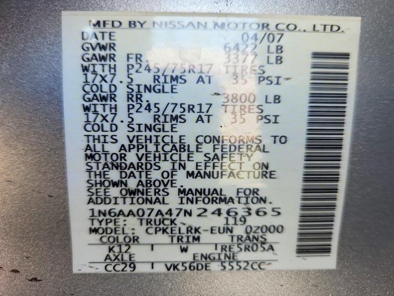 68697566 :رقم المزاد ، 1N6AA07A47N246365 vin ، 2007 Nissan Titan مزاد بيع