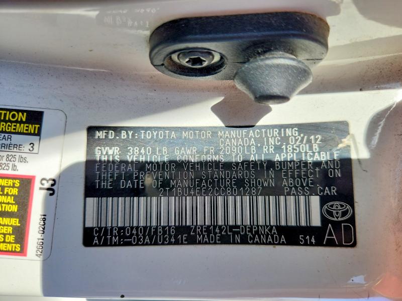 67248576 :رقم المزاد ، 2T1BU4EE2CC801287 vin ، 2012 Toyota Corolla مزاد بيع