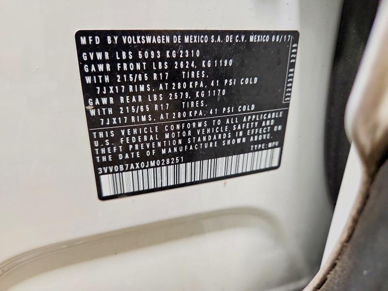 Продаж на аукціоні авто 2018 Volkswagen Tiguan, vin: 3VV0B7AX0JM028251, номер лоту: 69435996