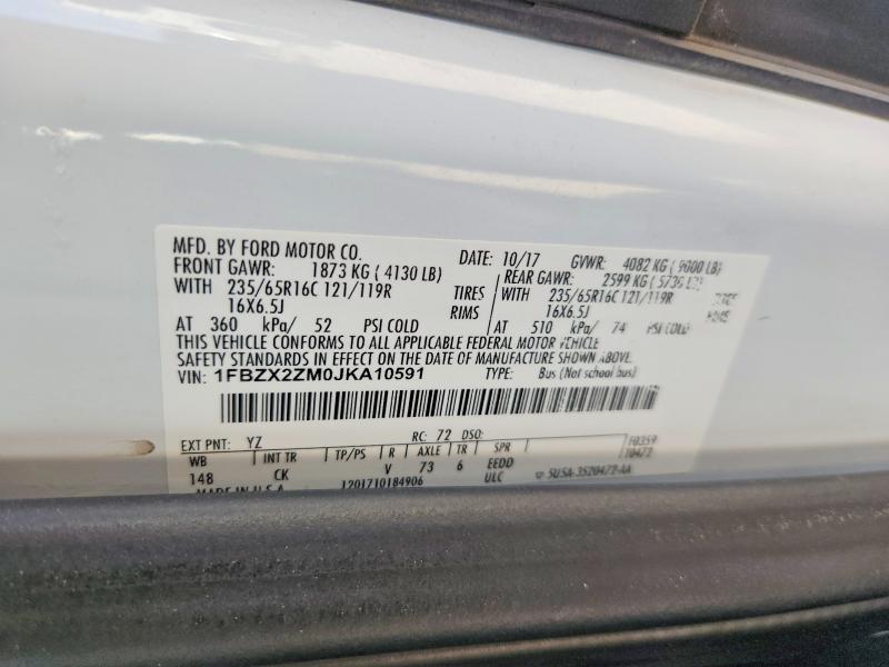 2018 Ford Transit მანქანა იყიდება აუქციონზე, vin: 1FBZX2ZM0JKA10591, აუქციონის ნომერი: 68865116