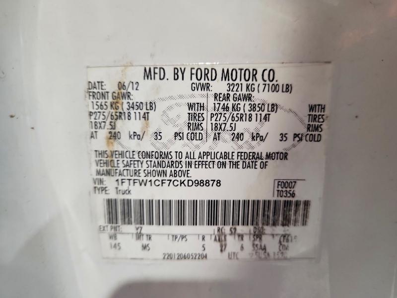 Продаж на аукціоні авто 2012 Ford F150, vin: 1FTFW1CF7CKD98878, номер лоту: 70839036