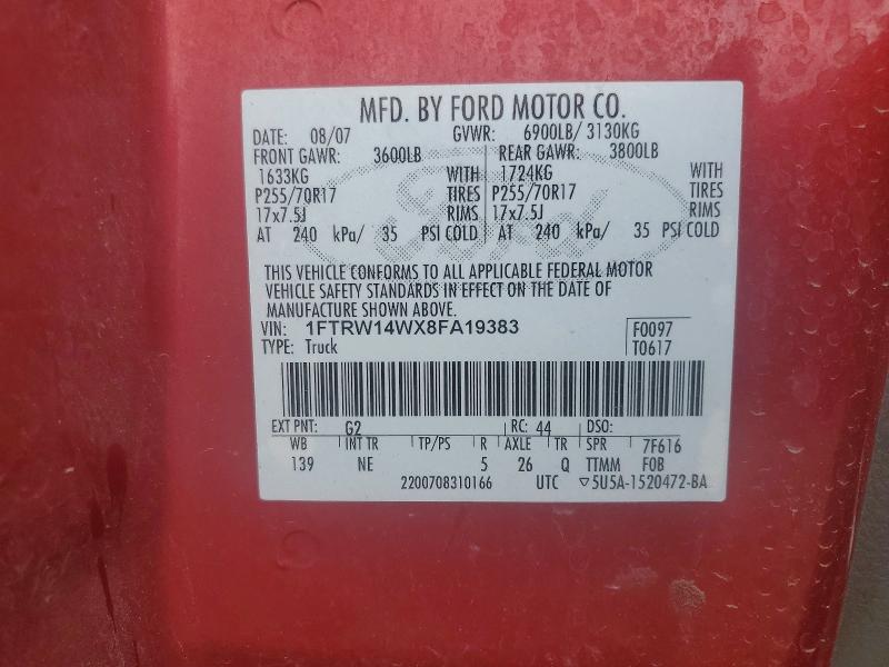 70442796 :رقم المزاد ، 1FTRW14WX8FA19383 vin ، 2008 Ford F150 مزاد بيع