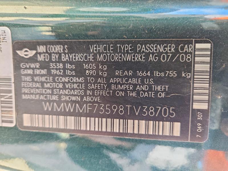 Продажа на аукционе авто 2008 Mini Cooper, vin: WMWMF73598TV38705, номер лота: 70307056