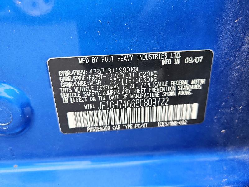 2008 Subaru Impreza მანქანა იყიდება აუქციონზე, vin: JF1GH74668G809722, აუქციონის ნომერი: 69733026