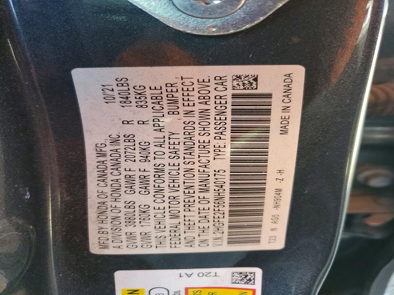 Aukcja sprzedaży 2022 Honda Civic, vin: 2HGFE2F56NH540175, numer aukcji: 69061016