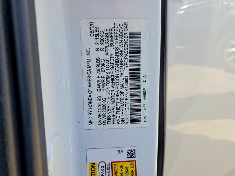 2020 Honda Accord მანქანა იყიდება აუქციონზე, vin: 1HGCV1F35LA130801, აუქციონის ნომერი: 69313596