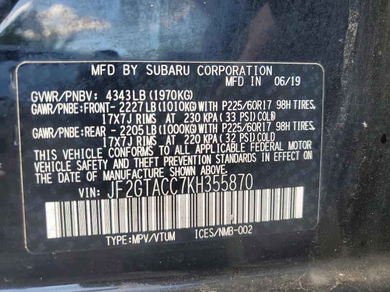 Aukcja sprzedaży 2019 Subaru Crosstrek, vin: JF2GTACC7KH355870, numer aukcji: 67658766