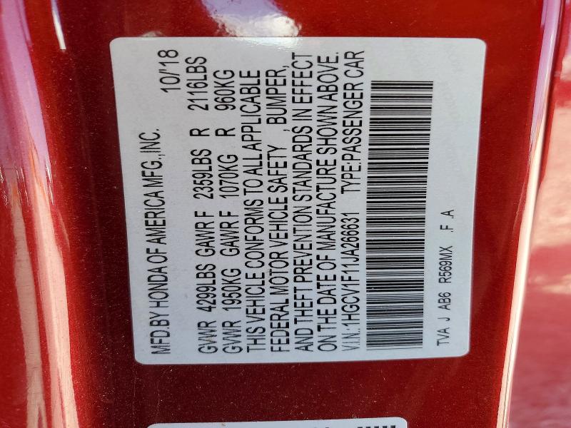 Продажа на аукционе авто 2018 Honda Accord, vin: 1HGCV1F11JA266631, номер лота: 69518046