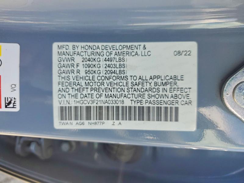 2022 Honda Accord მანქანა იყიდება აუქციონზე, vin: 1HGCV3F21NA033018, აუქციონის ნომერი: 68251906