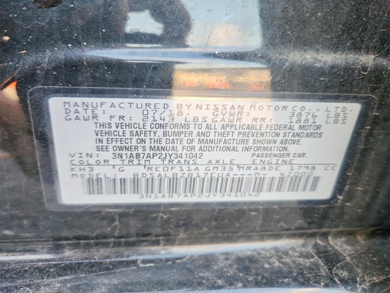 2018 Nissan Sentra მანქანა იყიდება აუქციონზე, vin: 3N1AB7AP2JY341042, აუქციონის ნომერი: 68483396