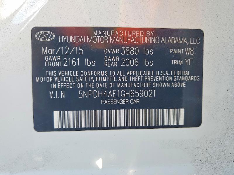 2016 Hyundai Elantra მანქანა იყიდება აუქციონზე, vin: 5NPDH4AE1GH659021, აუქციონის ნომერი: 69761056