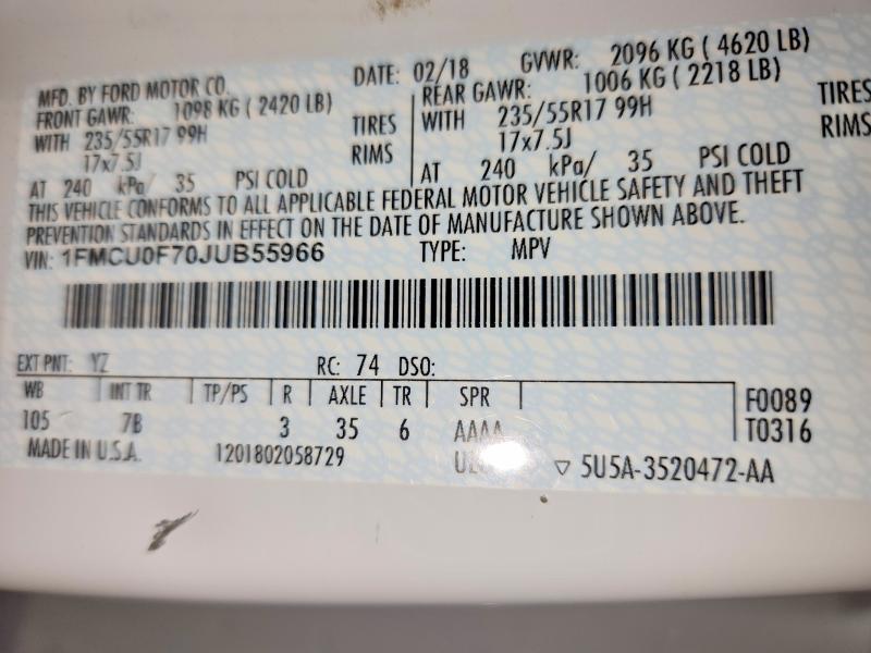 2018 Ford Escape მანქანა იყიდება აუქციონზე, vin: 1FMCU0F70JU855966, აუქციონის ნომერი: 67365596