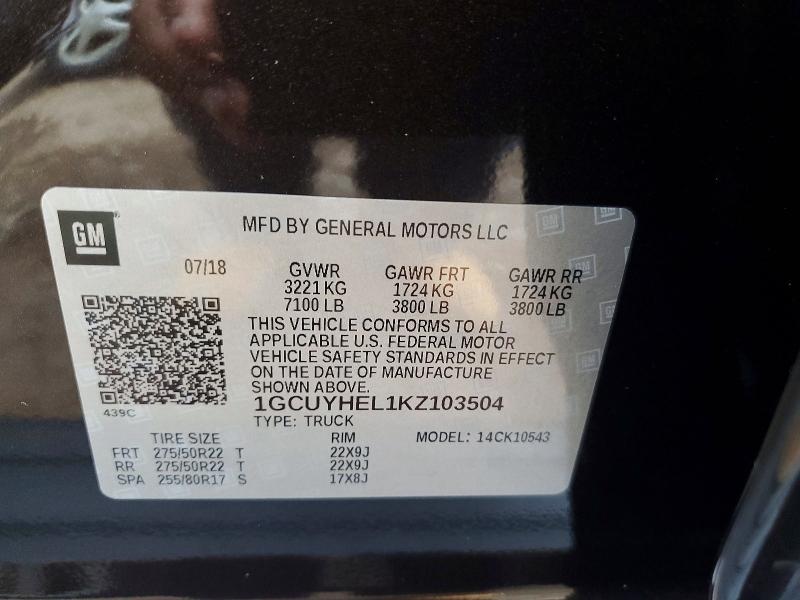 71048196 :رقم المزاد ، 1GCUYHEL1KZ103504 vin ، 2019 Chevrolet Silverado مزاد بيع