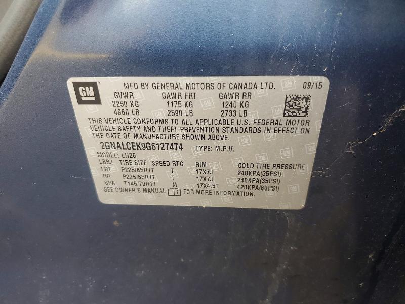 67602126 :رقم المزاد ، 2GNALCEK9G6127474 vin ، 2016 Chevrolet Equinox مزاد بيع