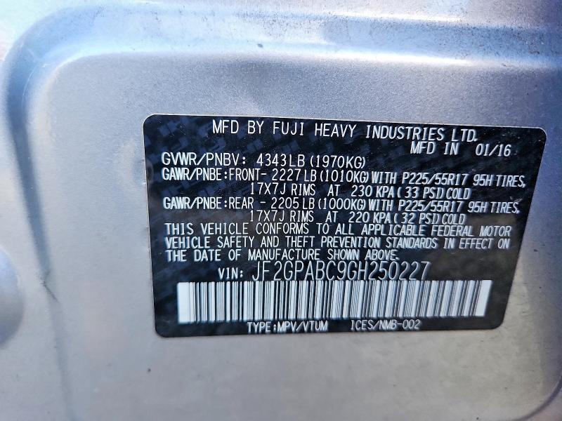 2016 Subaru Crosstrek მანქანა იყიდება აუქციონზე, vin: JF2GPABC9GH250227, აუქციონის ნომერი: 69980406