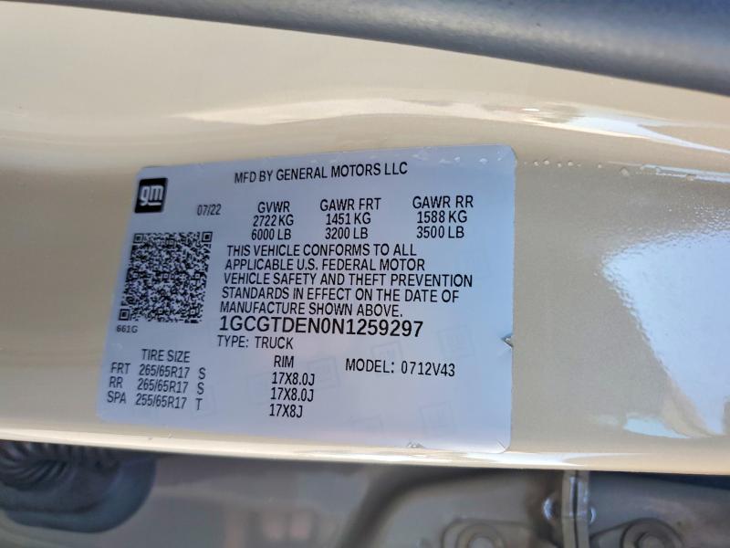 Продаж на аукціоні авто 2022 Chevrolet Colorado, vin: 1GCGTDEN0N1259297, номер лоту: 68124896