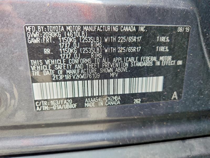 Продаж на аукціоні авто 2019 Toyota Rav4, vin: 2T3P1RFV2KW076109, номер лоту: 68314026